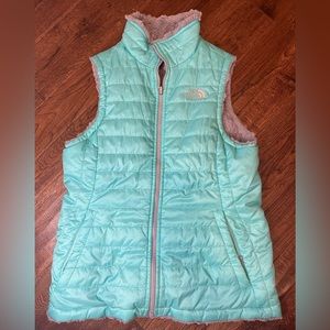 NorthFace Teal Puffer Vest with Reversible Gray Fluffy Side